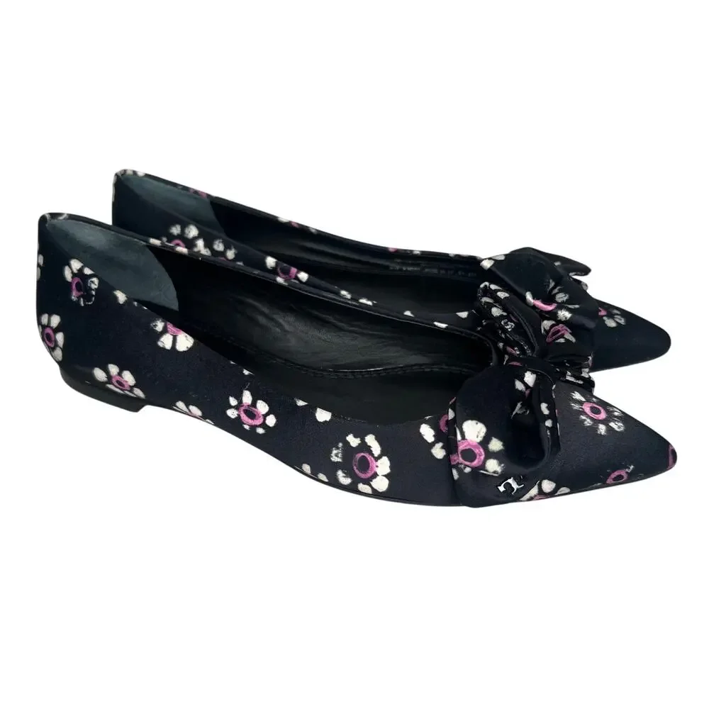Tory Burch Black Rosalind Bow Floral Pointed Ballet Flats Size 5